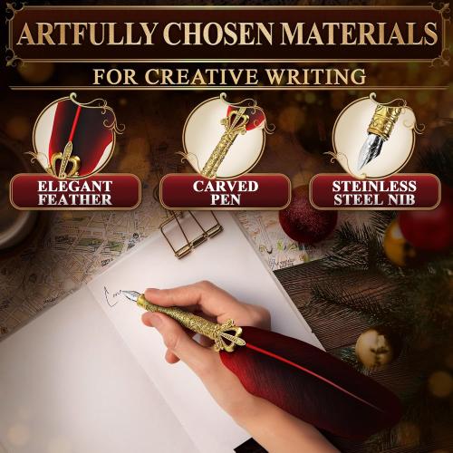 Red Feather Quill Pen and Ink Set - 11.4 Antique Feather Pen and Ink Set with Stainless Steel Nib for Calligraphy Practice, Drawing & Signatures - Designed for Beginners and Calligraphy Enthusiasts