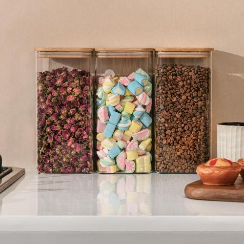 64oz Rectangle Airtight Glass Storage Containers with Bamboo Lids (Set of 4), Square Food Storage Jar, Pantry Organizers for Cereal, Flour, Pasta and Coffee beans (with Black Lable)