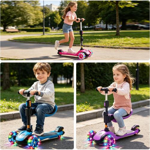 GLAMUP Kids Scooter, 2-in-1 Folding Kick Scooters, Adjustable Height, Safety Lock, 3 Wheel Kick Scooter for Boys and Girls Ages 3-14