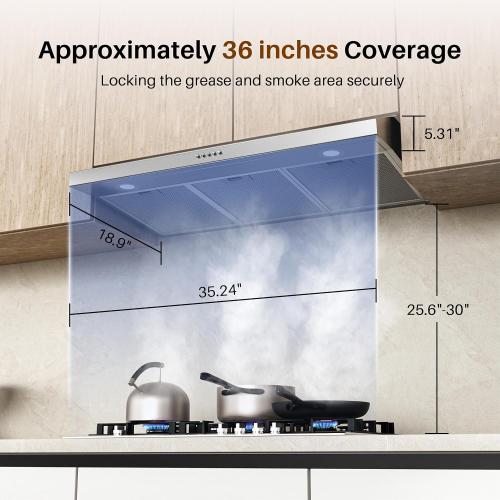 FIREGAS Size  36 Inch Under Cabinet Range Hood, Ducted/Ductless Convertible Kitchen Vent Hood with 3-Speed Exhaust Fan, 300 CFM, LED Lights, Stainless Steel Stove Hood for Kitchen