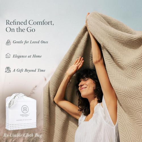 Threadmill Luxury Cotton Blankets for King Size Bed | All-Season Cozy 100% Cotton King Size Blanket | Herringbone Soft Fall Thermal Blanket fits California King Size Bed, 106x92 | Beige