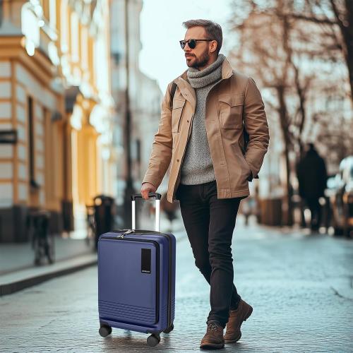 20 inch Small Carry On Luggage Front Open with Laptop Pocket, ABS PC Hard Shell Suitcase with Spinner Wheels TSA Lock & YKK Zipper, 20in/Toiletry Bag/Handbag, Dark Deep Navy Blue