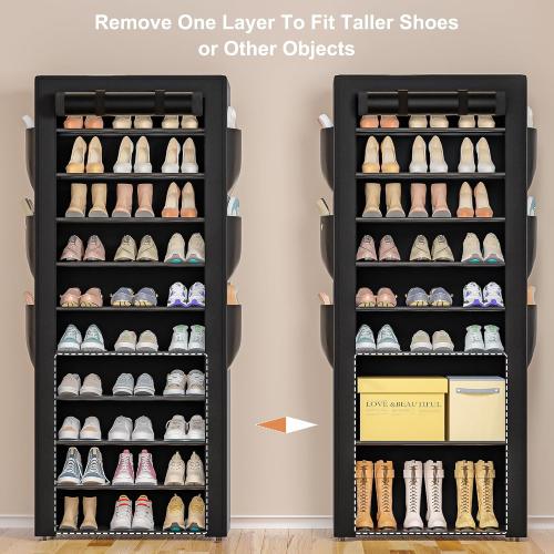 OYREL Large Shoe Rack, Black, 6 Side Pockets, 23.6 Wide x 11.4 Deep x 68.9 Tall, 36-41 Pairs of Shoes