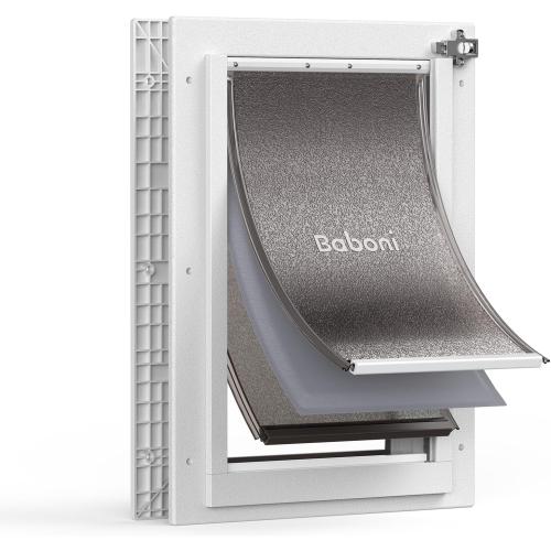 Baboni 3-Flaps Pet Door for Interior and Exterior Doors, Durable Plastic Frame and Telescoping Tunnel, Aluminum Lock/Metal Panel, Strong Magnetic Flaps, Never Rust Dog Door (Pets Up to 40 Lb) -Medium