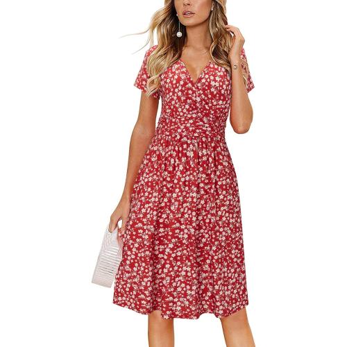 Size XL....Women's Summer Short Sleeve V-Neck Floral Short Party Dress with Pockets