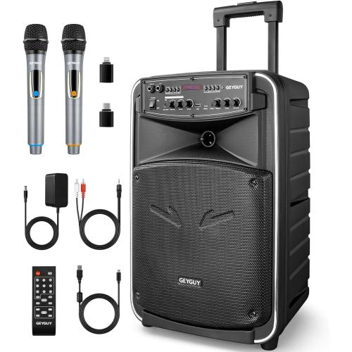 GTSK12-2 Portable Bluetooth PA Speaker System - 12'' Subwoofer, UHF Wireless Mics, TWS Stereo Pairing, USB-C/MP3/SD/FM/AUX, Rechargeable Battery, Rolling Wheels for Party, Events