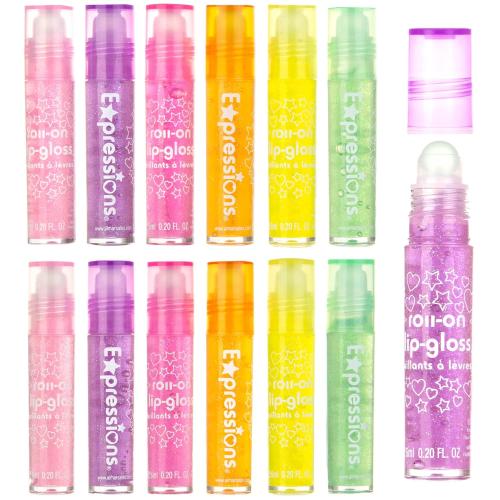 EXPRESSIONS 12pc Roll On Lip Gloss Set w/Maribou Handle Carrying Case, Lip Makeup for Kids and Teens - Assorted Fruity Flavors, Non Toxic, Kid Friendly, Party Gift, Best Friends