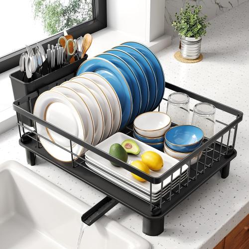 SNTD Dish Drying Rack - Small Dish Rack for Kitchen Counter, Stainless Steel Dish Drainer with Utensil Holder and Drainboard, 11 W x 15 L (Black)