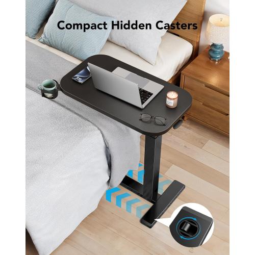 HUANUO 32Inch Bedside Table with Wheels, Height-Adjustable Rolling Computer Cart, Overbed Table with Cup Holder, Pneumatic Laptop Standing Desk for Home Office, Black