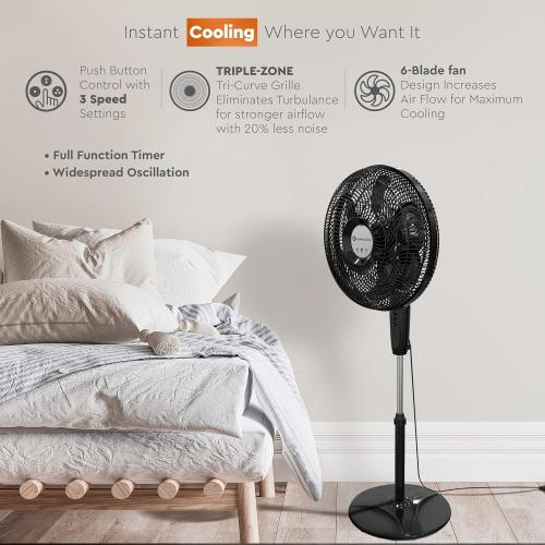 Comfort Zone PowrCurve Oscillating Pedestal Stand Fan, 18 inch, 6 Blades, Tri-Curve Grill for Reduced Noise, 180° Adjustable Tilt, Button Control, Ideal for Home, Bedroom & Office, CZST180BK