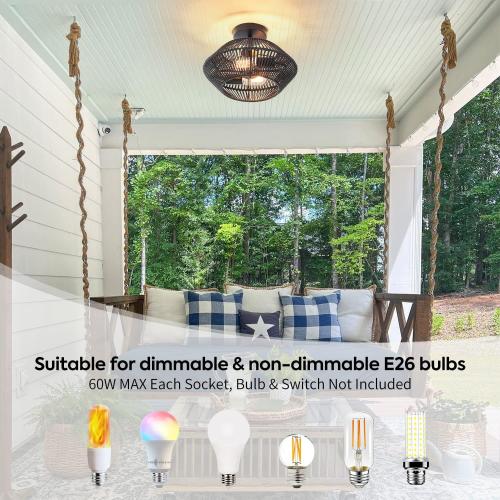 2-Lights Woven Rattan Ceiling Light Fixture, Black Farmhouse Hand-Woven Cage Semi Flush Mount Ceiling Light, Small Boho Coastal Basket Close to Ceiling Light for Bedroom Hallway Nursery Entryway