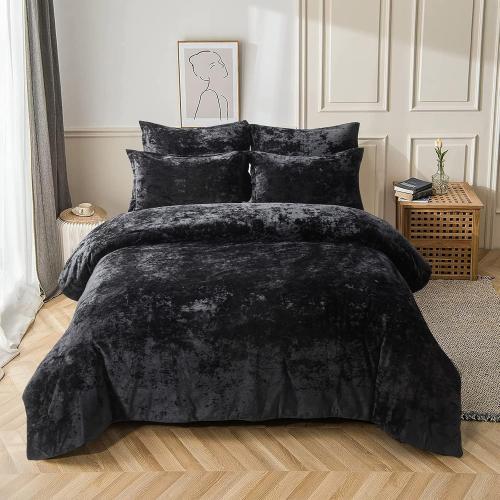 Fredsure Distressed Velvet Comforter Set, 5 Pieces Black Queen, Distressed Velvet Face and Brushed Microfiber Reverse
