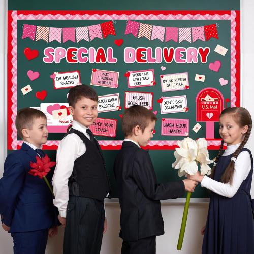 party greeting Valentine's Day Bulletin Board Set Valentines Special Delivery Classroom Decorations Heart Mailbox Paper Cutouts Bulletin Board for School Home Nursery Chalkboard Wall Door Supplies