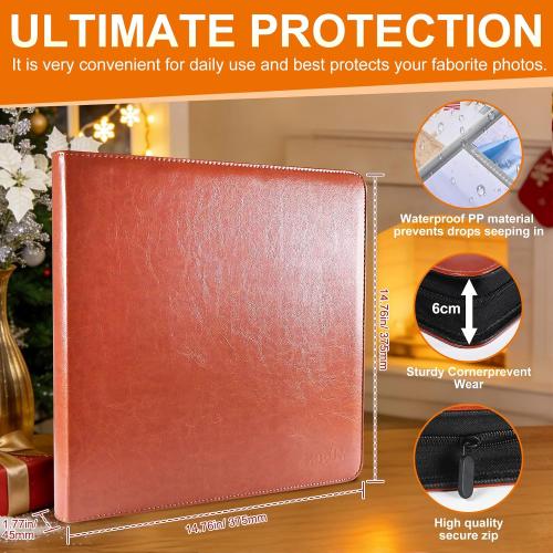 4x6 Photo Album for 3-Ring Binder – Zippered Leather Picture Albums Kit with 20 Page Protectors, Holds 200 Mixed Layout Photos, Large Capacity Family Wedding Anniversary Baby Album Book, Brown