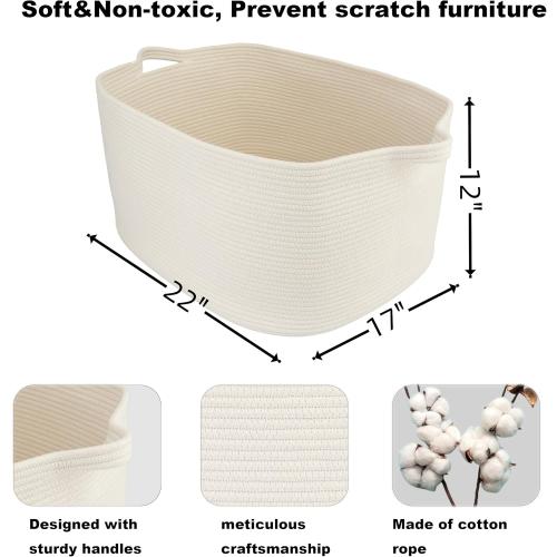 Large Rectangle Blankets Basket Living Room 22x17x12 Woven Cotton Rope Storage Baskets for Nursery Toy Baskets for Kids and Dogs Wicker Laundry Basket Bin for Clothes Towels white