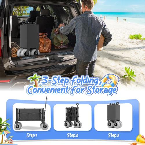 Beach Wagon with Big Wheels for Sand Heavy Duty Collapsible Wagon with 9 All Terrain Inflatable Tires, Foldable Beach Cart for Camping Outdoor Grocery Shopping Garden Sports