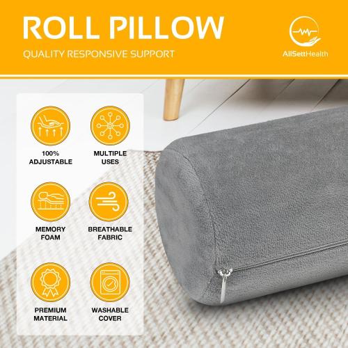 Grey AllSett Health Cervical Neck Roll Memory Foam Pillow, Bolster Pillow, Round Neck Support for Sleeping | Bolster for Bed, Legs, Back and Yoga
