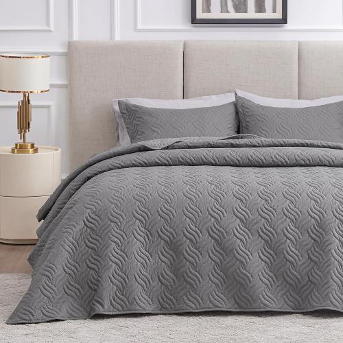 Love's cabin Quilts for Queen Bed Grey Bedspreads Bedding Set - Summer Lightweight Bedspread Comforter - Wave Pattern Bedding Coverlet for All Season - 3 Pieces (1 Quilt, 2 Pillow Shams)