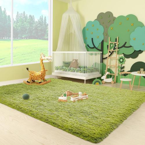Ophanie Green Grass Area Rugs for Bedroom, 3x5 Shag Fluffy Carpet, Fuzzy Furry Plush Soft Cute Kids Baby Girls Shaggy Bedside Floor Rug for Teen Nursery Decor Aesthetic with Over 99 pcs Pile fibers