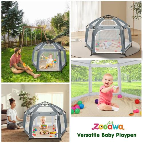 Zooawa Pop Up Playpen for Baby, Portable Playpen for Babies and Toddlers with Removable Sun-Shades& 2 Side UV Covers, Lightweight Outdoor Baby Playpen for Beach Home with Travel Bag,Light Gray