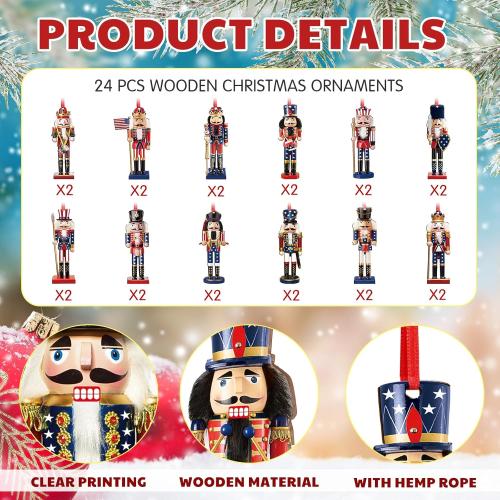 24 Pcs Christmas Nutcracker Ornaments Patriotic Wooden Nutcracker Hanging Ornaments Double Sided Figures Decorations for Xmas Tree Holiday Party Supplies