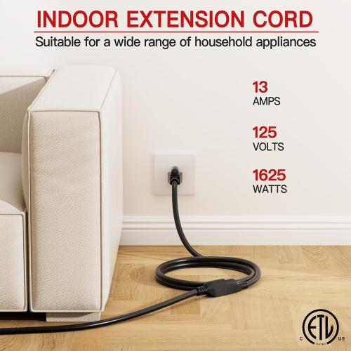 16/3 Short Extension Cord 3 FT, Black Extension Cord Flexible & Durable, Indoor 3 Prong Power Cable, Suitable for Home and Office, 13 Amp 1625 Watt 125VAC 16AWG, ETL Listed
