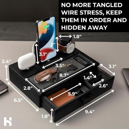 Holme & Hadfield Premium Wooden Phone Docking Station with Drawer – Nightstand Organizer for Charging Phone & Earbuds – Declutter Your Space with Felt-Lined Protection & Watch Pillar – Gift For Men