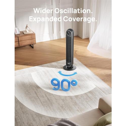 Dreo Tower Fan for Bedroom, 25ft/s Velocity Quiet Floor Fan, 90° Oscillating Fans for Indoors with 4 Speeds, 4 Modes, 8H Timer, Standing Fans, Bladeless Fan, Black, Nomad One (DR-HTF007)
