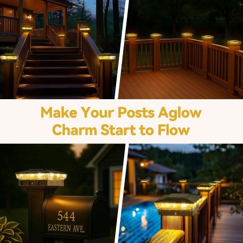 Solar Post Cap Lights, 12-Pack Upgraded Outdoor Deck Fence Post Solar Lights for 4x4 5x5 Wood/Vinyl Posts, IP65 Waterproof, 10-12 Hours Warm/Cool White Glow for Garden/Patio/Porch - Black