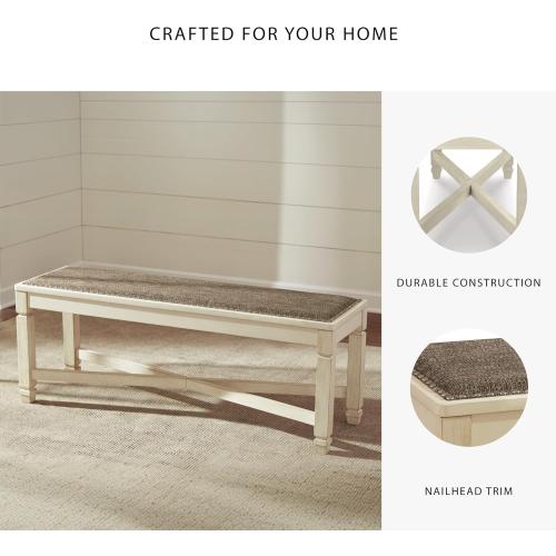 Signature Design by Ashley Bolanburg Casual French Country Upholstered Dining Room Bench with Nailhead Trim, Heavy Woven Fabric, Wood, Antique White & Tan