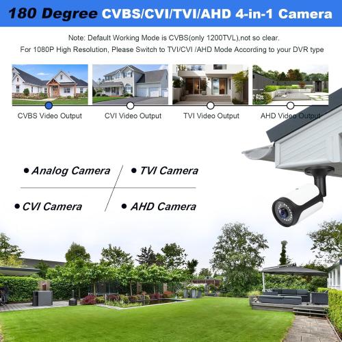 HD 180 Degree Wide Angle View 2.0MP 1080p Security Camera 4-in-1 CCTV Bullet Wired Cam BNC, AHD/TVI/CVI/CVBS, Analog Coax Coaxial Surveillance Video Add–On Camera for Indoor/Outdoor Use