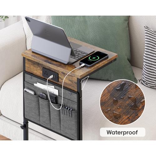 Black Wood Brown and Grey Vagusicc C Shaped End Table with Charging Station, 33 Tall Side Table for Couch, Sofa Table Adjustable Height Small Couch Side C Table, Slide Under Sofa Tray Arm Table for Living Room, Bedroom, Brown