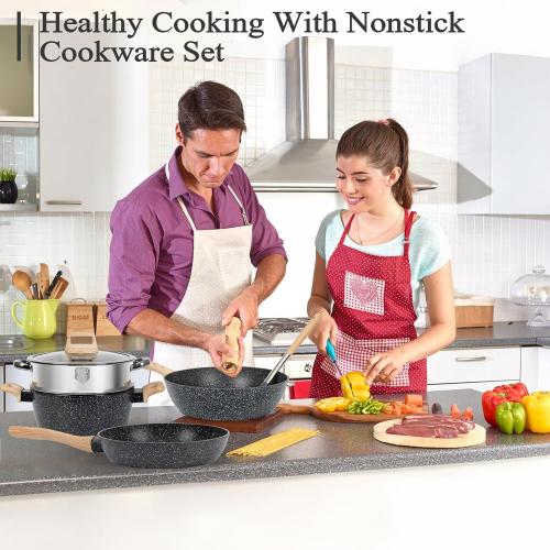 12 Pcs Pots and Pans Set, Nonstick Cookware Sets Black Granite Induction Cookware, Non-toxic Healthy Non Stick Kitchen Cooking Set with Frying Pans Set, Saucepans,Steamer (PFAS, PFOA, PFOS Free)