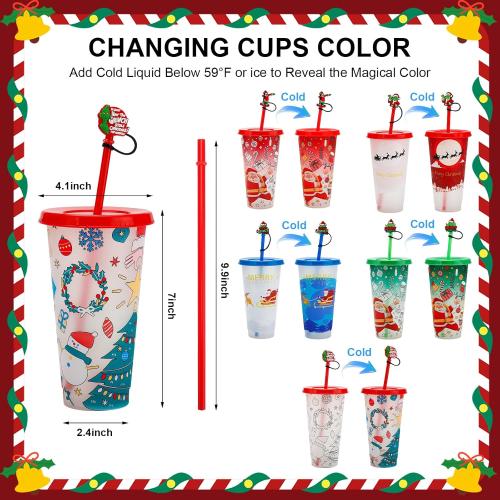 Christmas Color-Changing Cups 5-Pack – 24oz Reusable Plastic Tumblers with Lids, Straws & 5 Straw Covers for Merry Xmas, Holiday Parties & Secret Santa Gifts