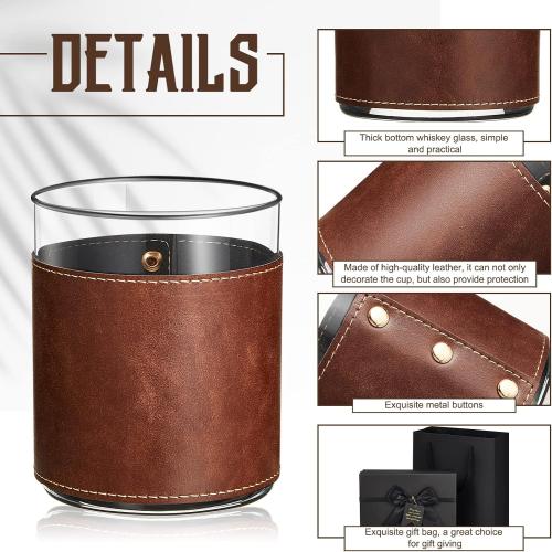2 Sets Size 11.5 oz Leather Rocks Glasses 11.5 oz Leather Wrapped Whiskey Glasses with Gift Box Glass Sleeve Bourbon Glass Gift for Men Father (Brown)
