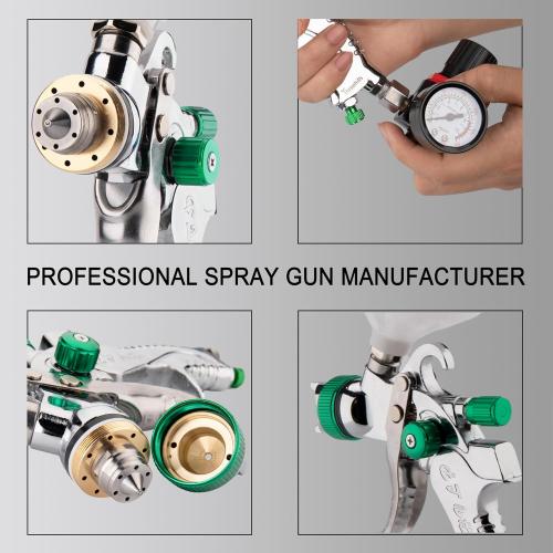 Professional HVLP Spray Gun, 1.4/1.7/2.0mm Nozzle HVLP High Atomization Flow Adjustable Pneumatic Gravity Spray Gun with 600cc Cup & Gauge for Paint Touch-Up(Green)