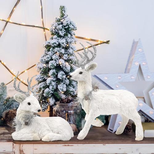 naturevibe 18 Inches Sisal Christmas Reindeer Set of 2,Realistic Woodland Animals Reindeer Figurine with Silver Accent for White Christmas Decorations,Centerpiece Table Decorations or Fireplace Decor