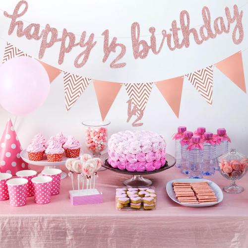 Boao Pre- Strung Half Birthday Decorations Set 6 Months Happy 1/2 Birthday Banner, Glitter 1/2 Half Year Cake Topper, Triangle Flag Banner for Baby Shower Party Photoshoot Props(Rose Gold)