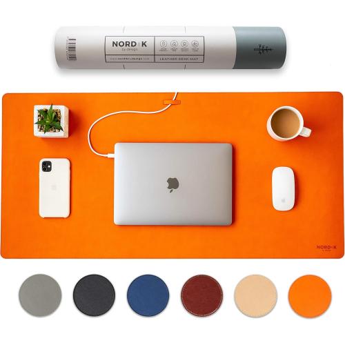 Nordik Leather Desk Mat Cable Organizer - Tangerine Orange 35 X 17 inch - Premium Extended Mouse Mat for Home Office Accessories - Non-Slip Vegan Leather Desk Pad Protector & Desk Blotter Pad