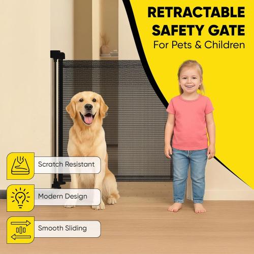 Retractable Baby Gate – 35 Tall, 55 Wide Mesh Safety Gate for Dogs & Babies, Indoor/Outdoor Use for Stairs, Doorways, Hallways, Deck & Porch – Easy One-Handed Wall Mount Design