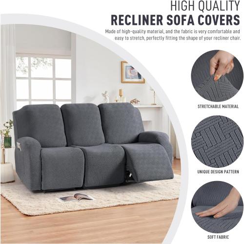 KinCam Recliner Sofa Covers, Stretch Reclining Couch Covers, Recliner Sofa Slipcovers Stripe Jacquard Recliner Couch Cover Furniture Protector Covers for Pet Kid (3 Seater, Dark Gray)