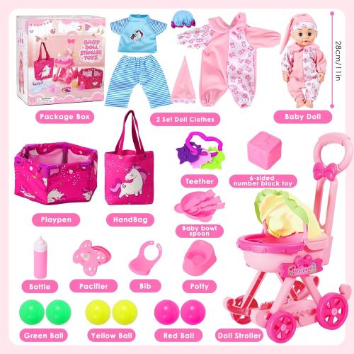 Baby Doll Stroller Toys Set, 17 PCS Baby Doll Accessories Stroller Toys with Baby Dolls,2 Sets Doll Clothes, Playpen, Handbag, Feeding Nursery Pretend Play Gifts for Girls Toddlers 3 4 5
