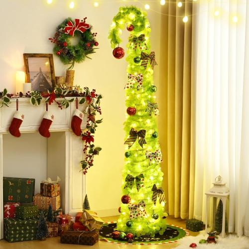 NatuBeau 6FT Lime Green Pop Up Christmas Tree with 150 LED Lights & Remote, Collpsible Bendable Whimsical Christmas Tree with Ball Ornaments Bows for Indoor Outdoor Home Decor