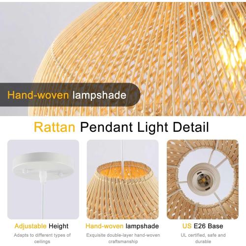 Large Rattan Pendant Light, 19.7 Rattan Boho Wicker Chandelier Hand-Woven Basket Pendant Light Fixtures for Dining Room Kitchen Island Living Room