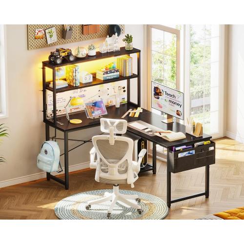 AODK L Shaped Desk Gaming Desk with LED Light & Power Outlet, 43 Inch Reversible L Shaped Computer Table with Shelf, Corner Desk with Storage Bag&Hook for Home Office Desk, Black