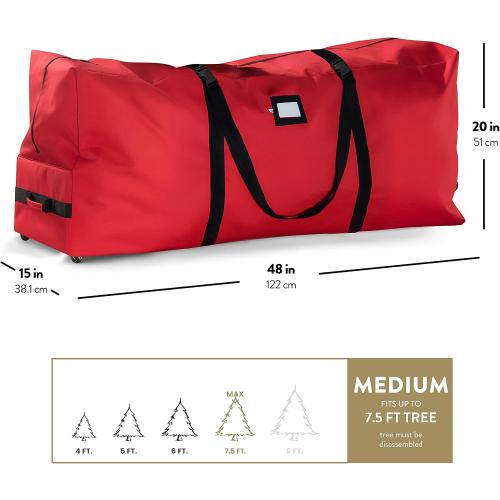 ZOBER 600D Oxford Fabric Rolling Christmas Tree Storage Bag - Fits 7.5 Ft Artificial Trees - Waterproof Christmas Tree Bag For Storage Box For Xmas, Durable Handles and Wheels - Card Slot - Red