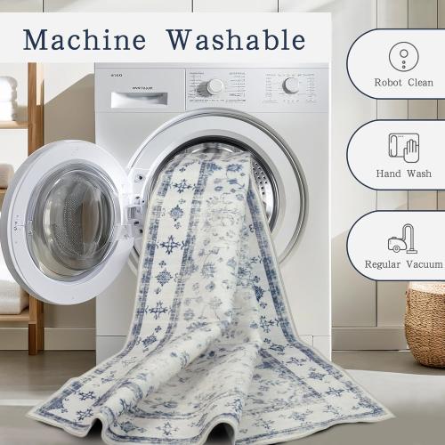 Srugn Washable Rugs 8x10 Area Rugs for Living Room,Rugs for Bedroom,Large Carpets,Ultra Soft Faux Wool Retro Dining Room Rug,Non Slip&Non-Shedding Low Pile Vintage Print Rug for Home Office-Blue