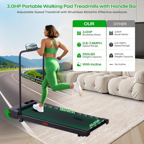 Walking Pad with Handle Bar and Incline, 3.0HP Portable Compact Walking Pads Treadmills with Handles for Home Small, 0.6-7.6MPH Electric Treadmills for Apartment/Home Small Spaces, 350LBS