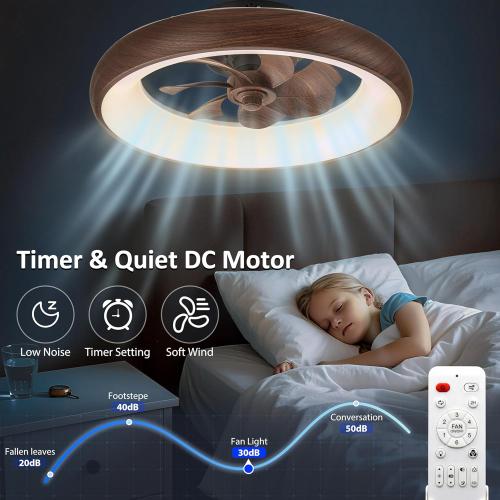 Low Profile Ceiling Fans with Lights, Dimmable Smart RGB Ceiling Fan With Alexa/Google Assistant/App/Remote Control, 6-Speeds Reversible Walnut Woodgrain LED Ceiling Fan for Bedroom Kitchen Foyer