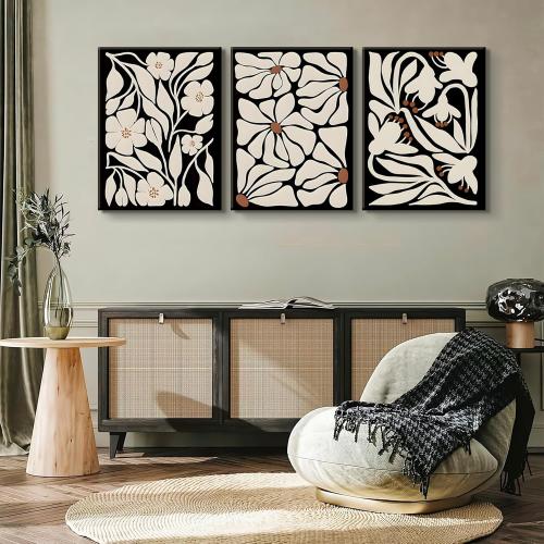QGNBGBJ Framed Black Boho Flowers Plant Wall Art Abstract Botanical Flower Canvas Poster Vintage Bohemian Neutral Floral Prints Wall Decor Trendy Black Beige Floral Set for Girl Bedroom